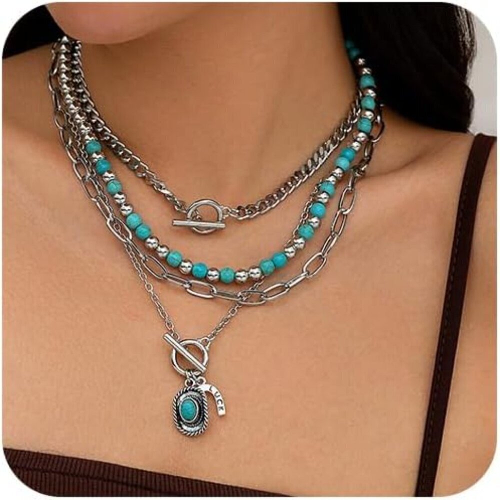 Boho Silver Chunky Layered Necklace with Horseshoe Pendant & Turquoise Accents